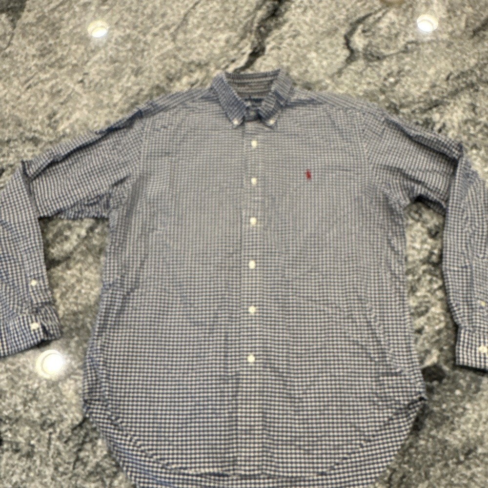 RALPH LAUREN SHIRT MEN L BLUE WHITE BUTTON DOWN GINGHAM‎ CHECKERED RED PONY #273